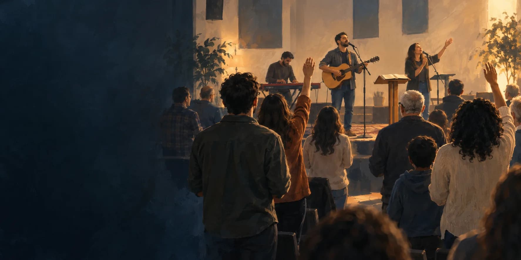 Ilustração de uma comunidade evangélica em louvor, com músicos e uma Bíblia aberta num espaço contemporâneo de culto