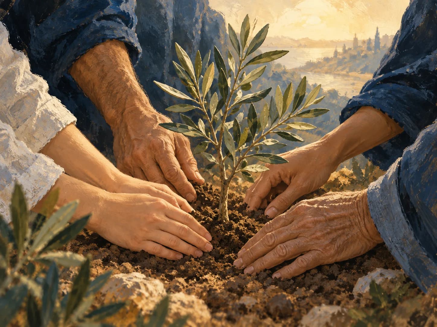 Ilustração de mãos a cuidar de uma pequena oliveira plantada na terra